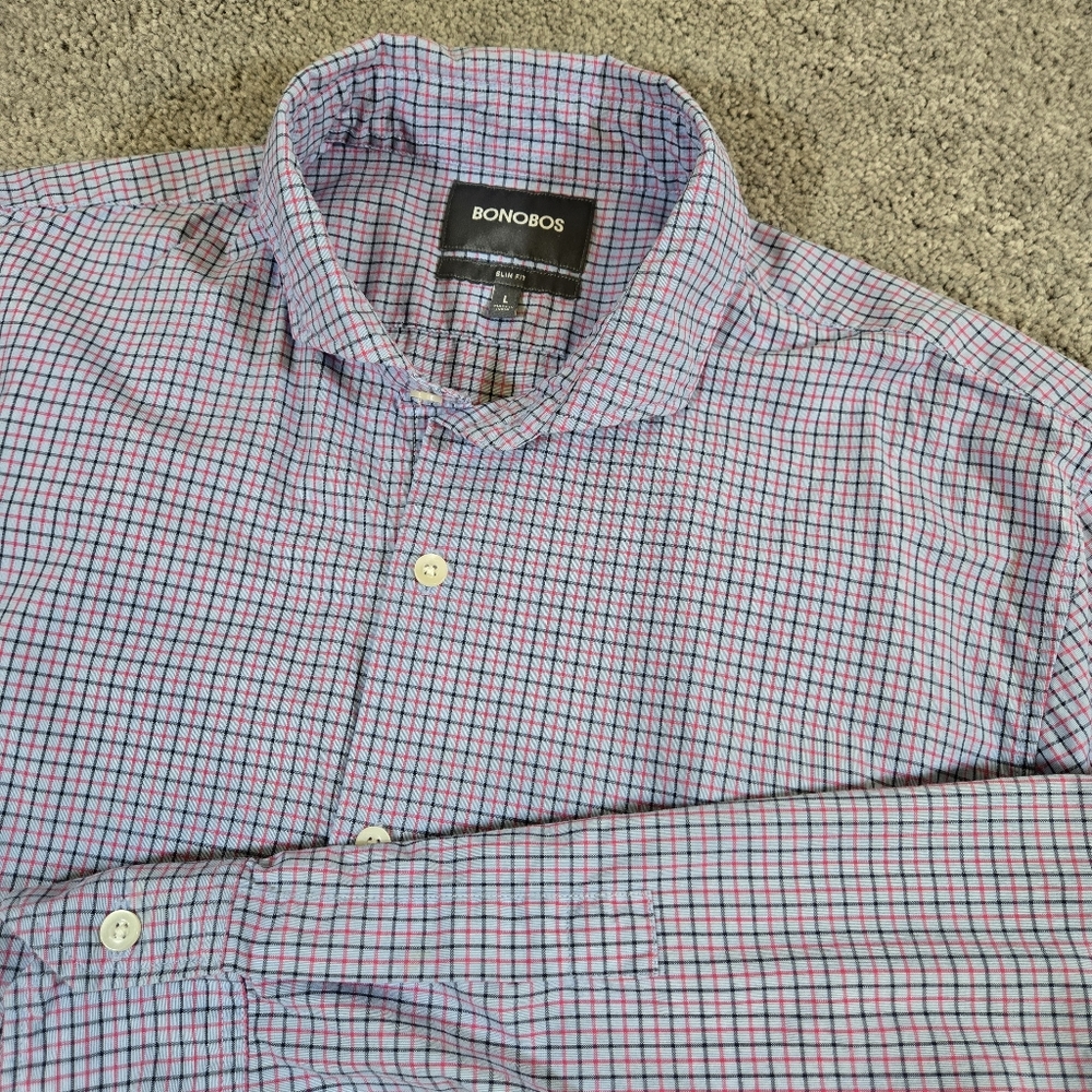 Bonobos‎ Stretch Slim Fit Long Sleeve Shirt Men's Large Blue Small Check Plaid